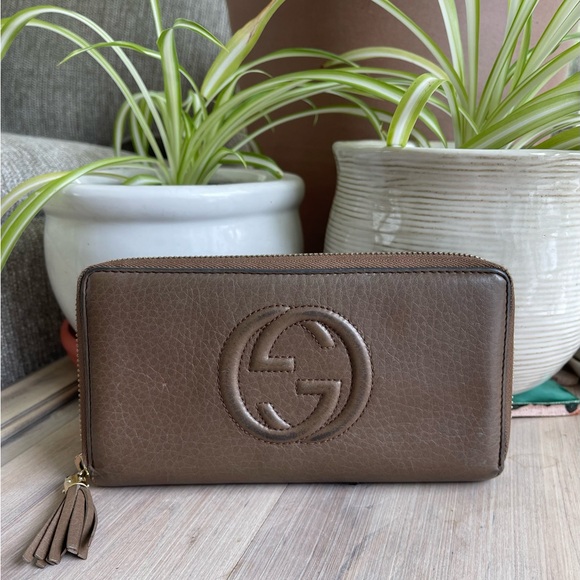 Gucci Handbags - Gucci Brown Calfskin Leather Zip Around Wallet